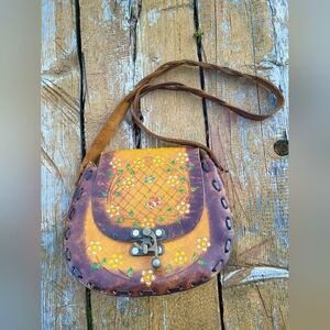 "California Dreamin'" 1970s Floral Embellished Brown and Tan Bag